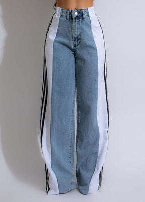 2024 Fashion Casual High Waist Elastic Straight Leg Trousers Three Stripe Patchwork Denim Wide Leg Pants Streetwear