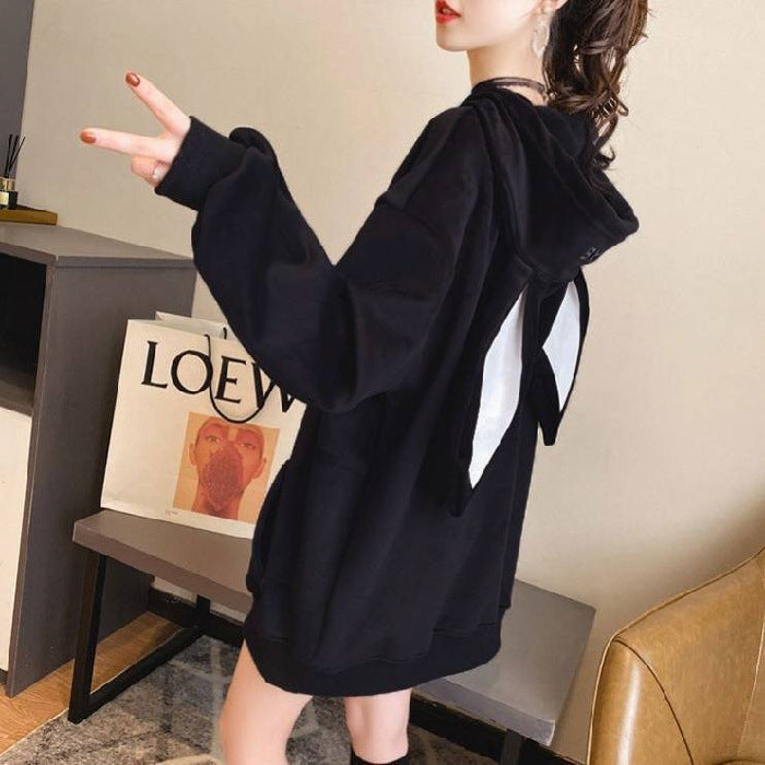 Sweet Cute Preppy Style Rabbit Ears Plus Velvet Thick Hoodies Women Long Sleeve Pullover Big Pocket Kawaii Sweatshirts