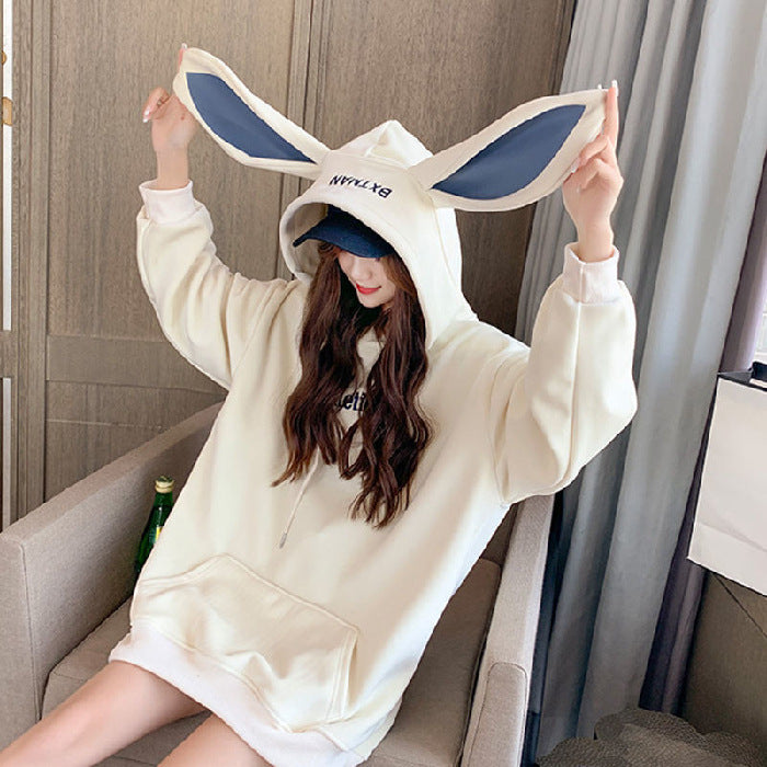 Sweet Cute Preppy Style Rabbit Ears Plus Velvet Thick Hoodies Women Long Sleeve Pullover Big Pocket Kawaii Sweatshirts