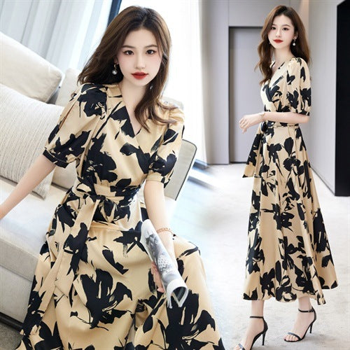 Fashion V-neck Printed Short Sleeve Dress Women