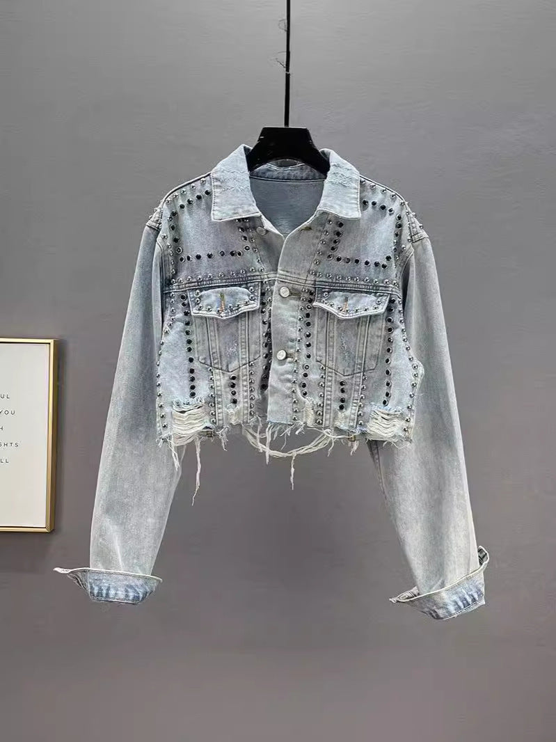 Denim Coat Women's Worn Beaded Jacket Top