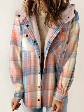 Casual Plaid Hooded Woolen Coat Thickened Fleece-lined Warm Jacket