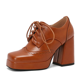 British Brogue Women's Shoes Carved Square Toe Platform