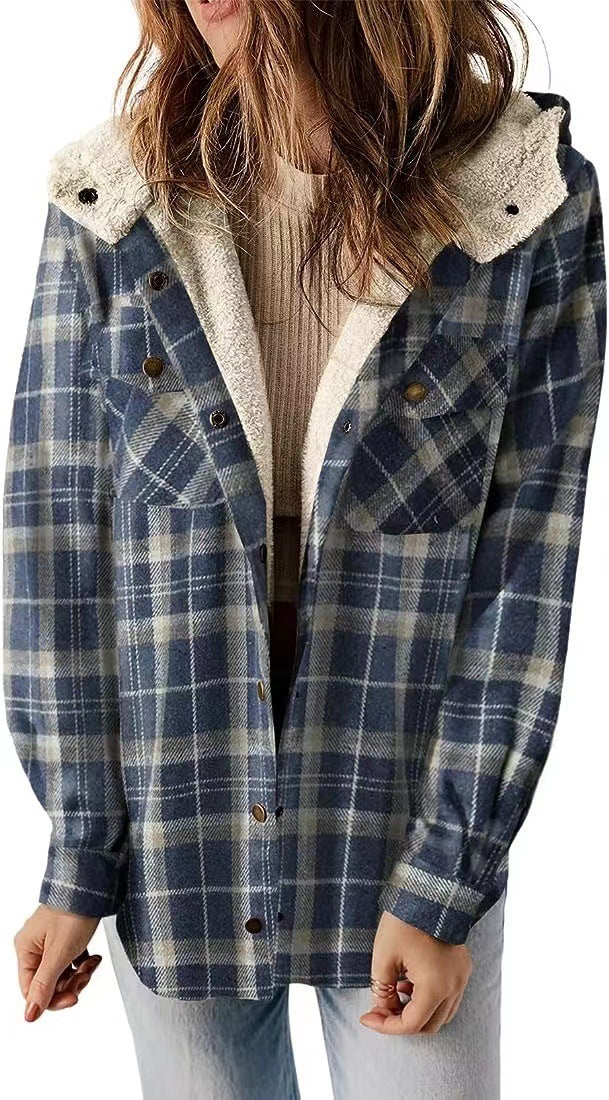 Casual Plaid Hooded Woolen Coat Thickened Fleece-lined Warm Jacket