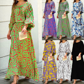 2pcs Women's Dress Suits Fashion Loose Printed Long Sleeve Top And High Waist Long Skirt