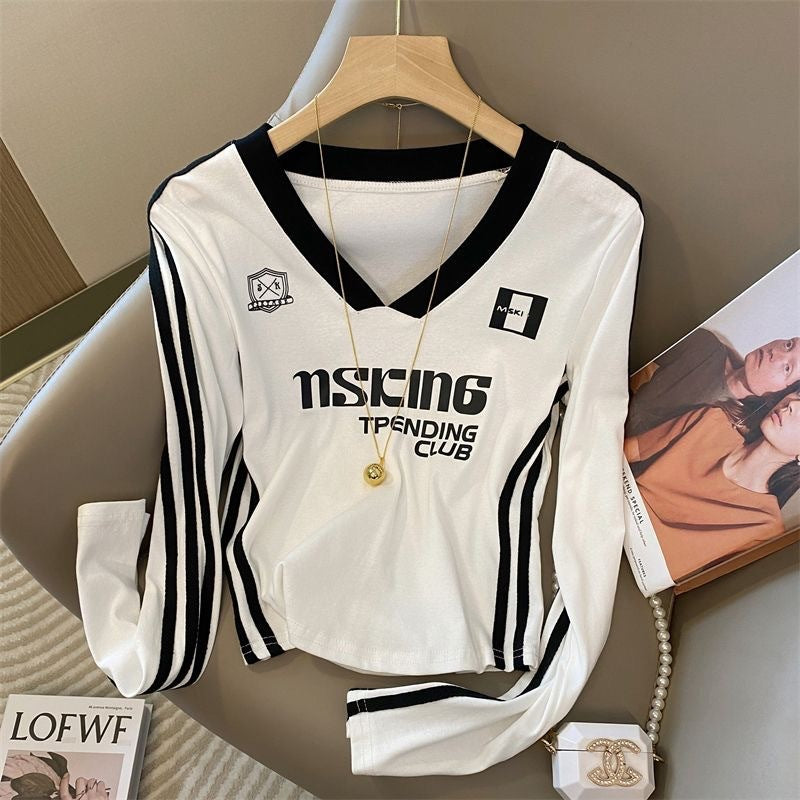 Design Sense Stitching Stripe Long Sleeves T-shirt Female Autumn Niche Letter Printing