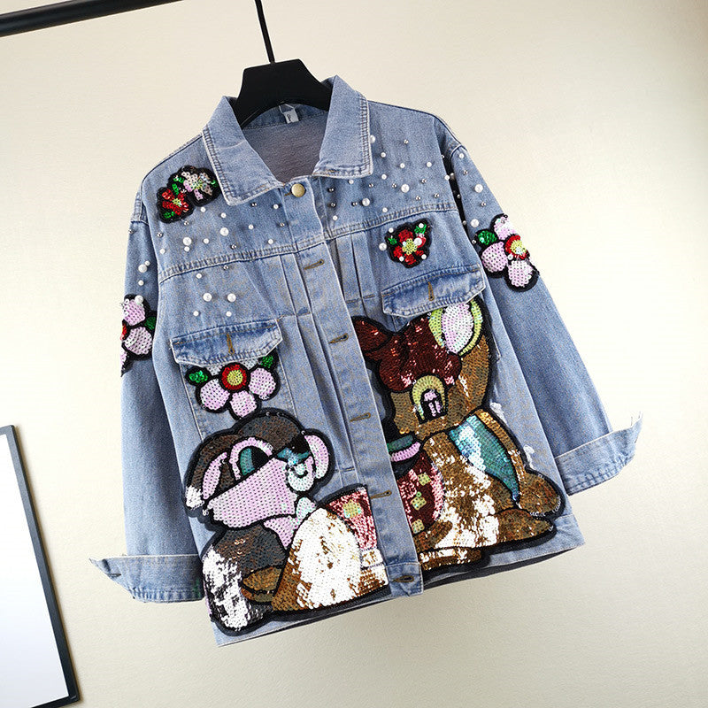 Cartoon Sequin Patch Denim Jacket