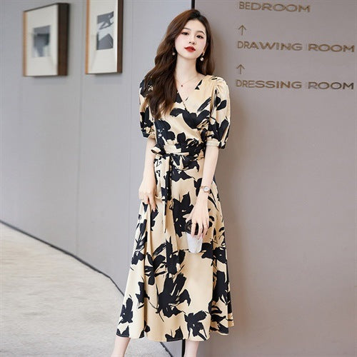 Fashion V-neck Printed Short Sleeve Dress Women