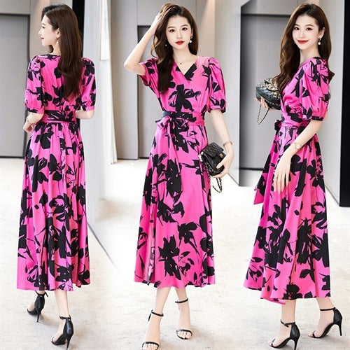 Fashion V-neck Printed Short Sleeve Dress Women