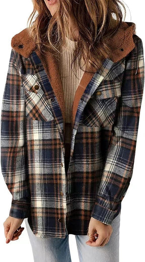 Casual Plaid Hooded Woolen Coat Thickened Fleece-lined Warm Jacket